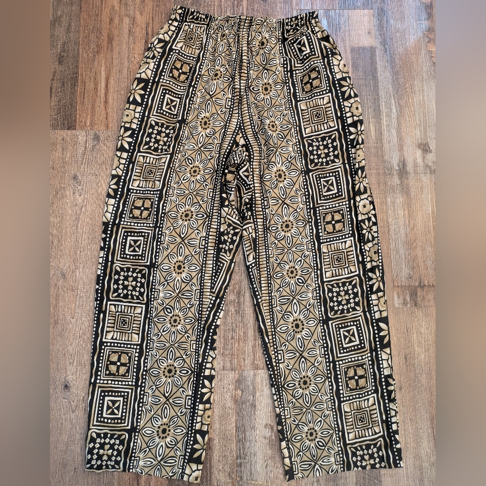 Vintage Boho Floral Beach 90s Pull On Elastic Waistband Pants Pockets Size M